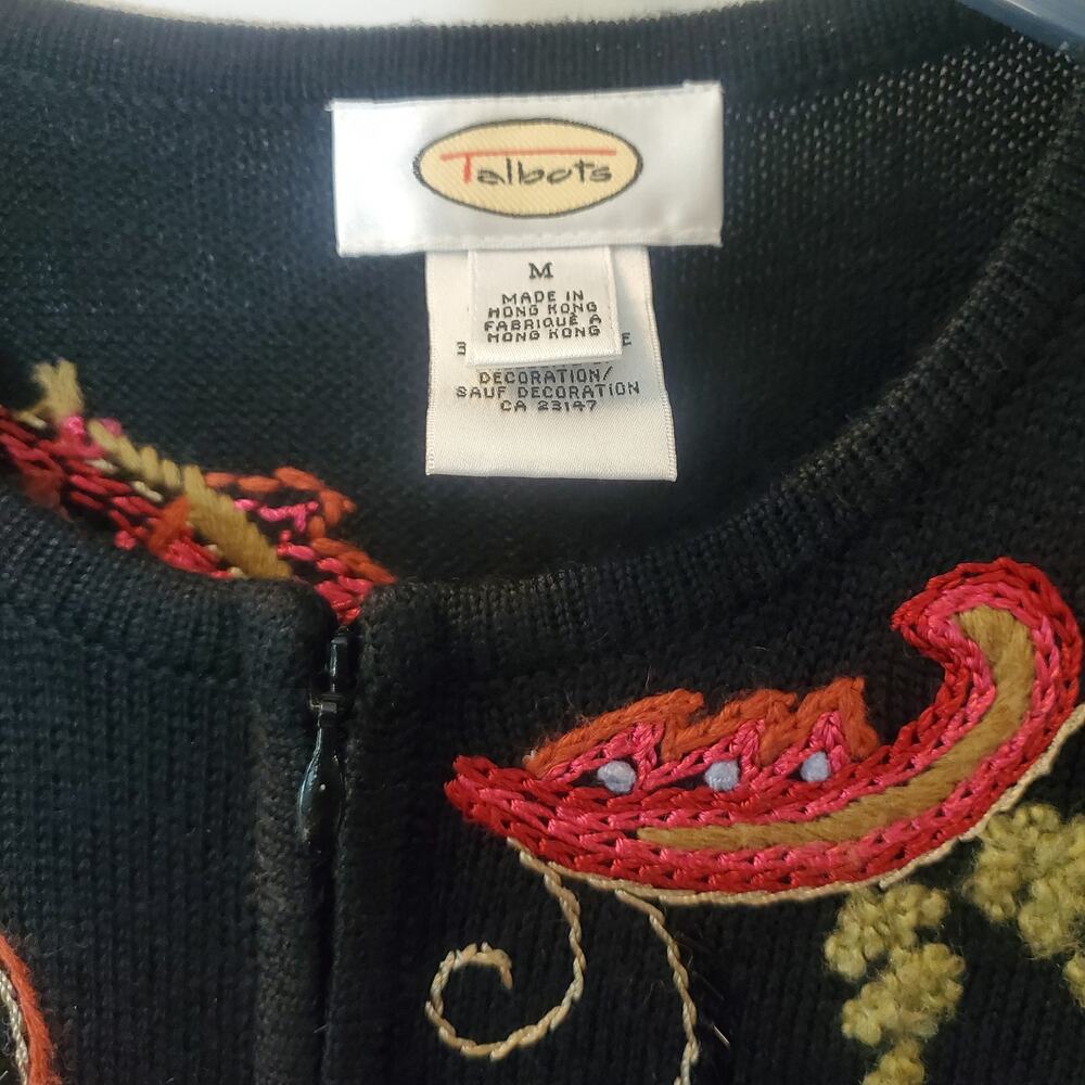 Talbots Black Wool Blend Floral Embroidered Knit Cardigan Sweater Jacket Size M - Picture 4 of 5